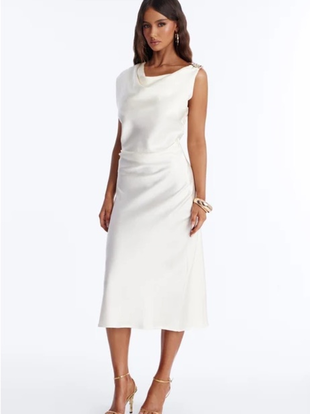 Fashion Nova Ivory Satin Cowl Neck Midi Dress